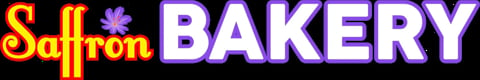 Saffron Bakery logo with red and gold text on dark background with purple decorative elements