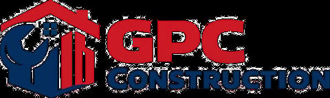 GPC Construction logo featuring a red house with blue silhouette and red vertical bars